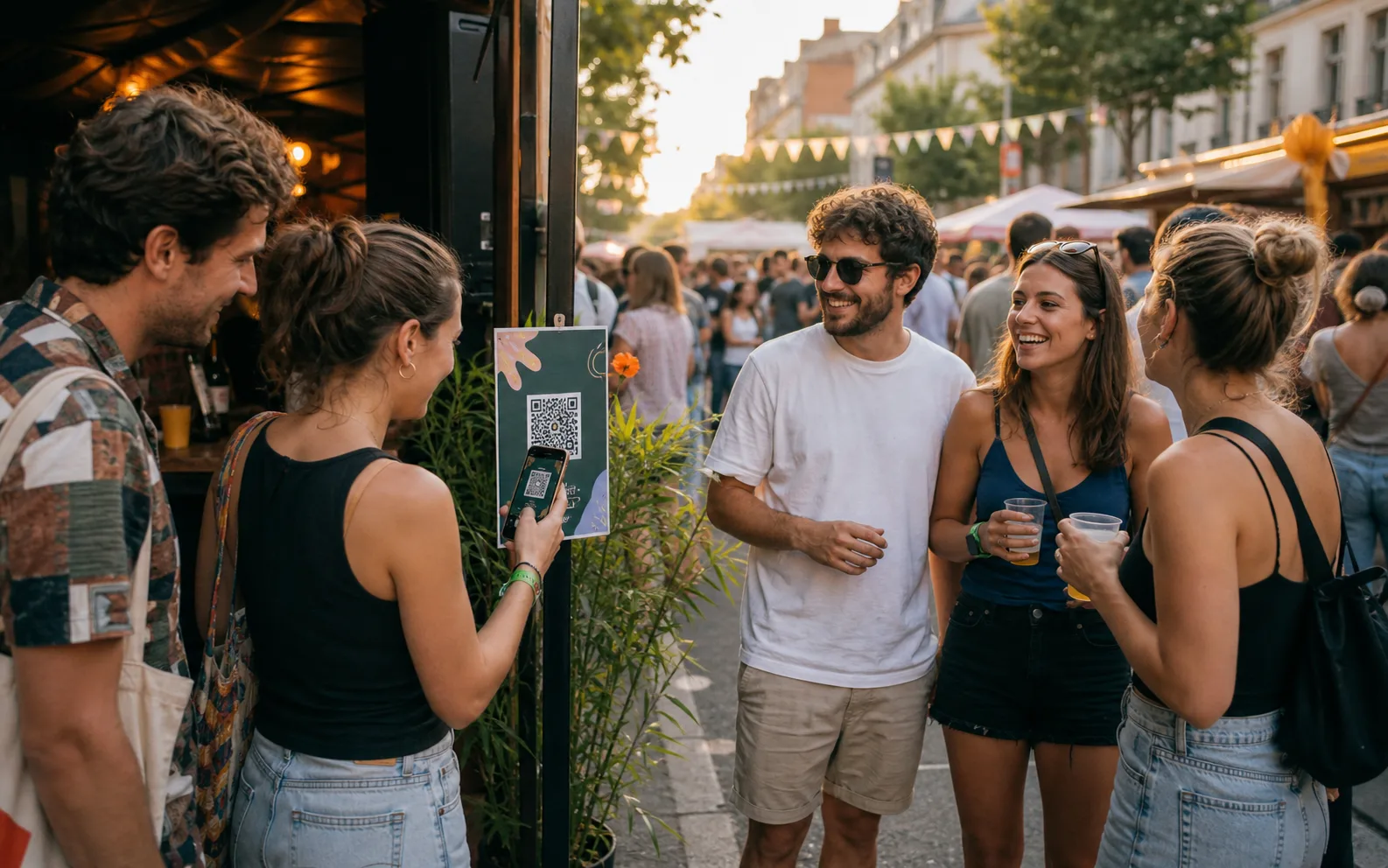 Junge Erwachsene scannen einen QR-Hinweis auf einem Stadtfest und kommen miteinander ins Gespräch.